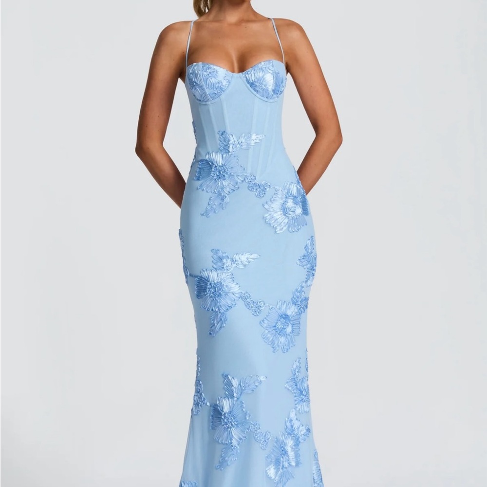 Strapless Light Blue Floral Embroidered Corset Gown